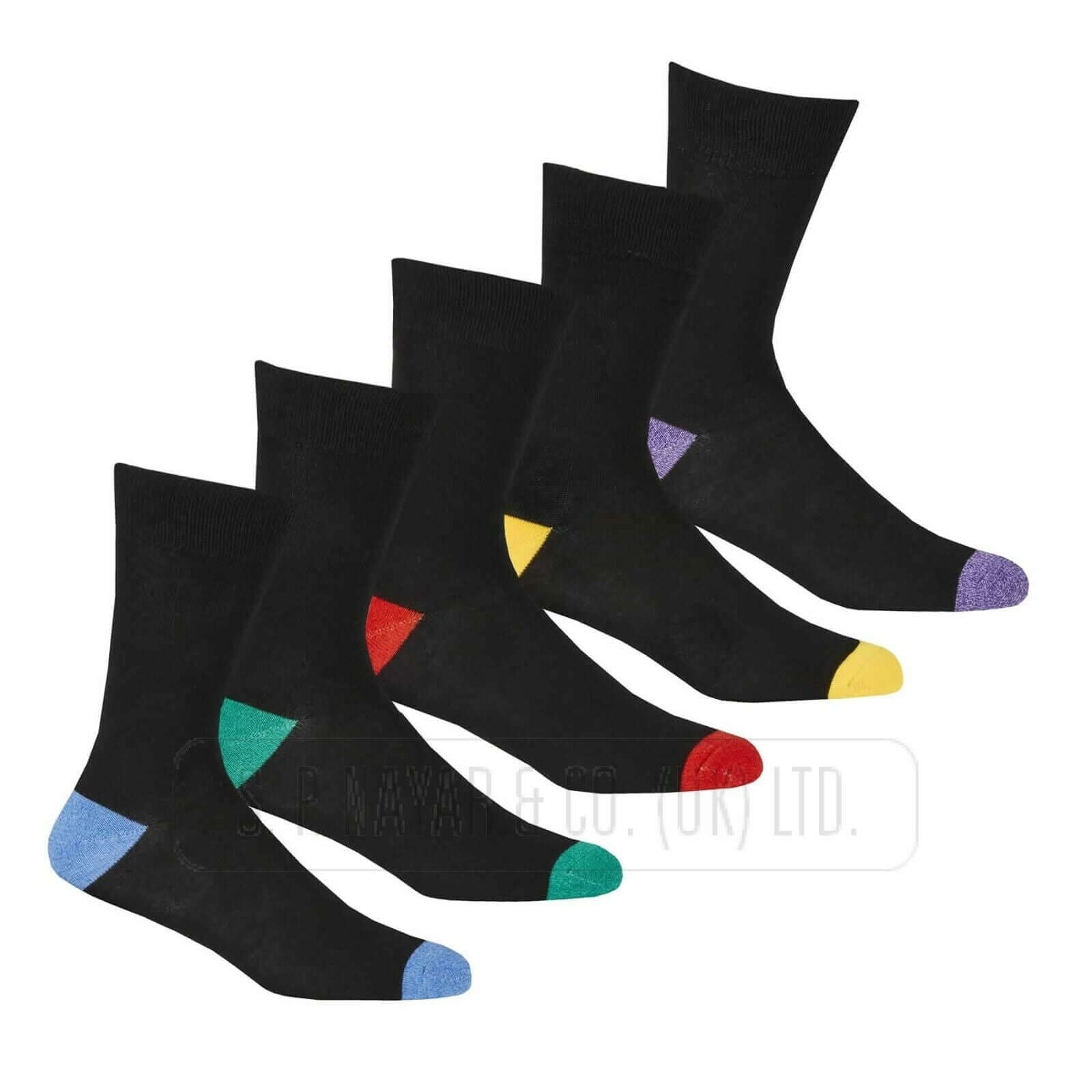 5 Pairs Men's Black Contrast Cotton Ankle Socks Heel And Coloured Toe Socks