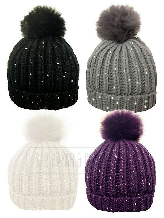 WOMEN & LADIES RIBBED HAT WITH SEQUIN AND SOLID FAUX FUR BOBBLE WINTER HATS - Comfyfit ltd