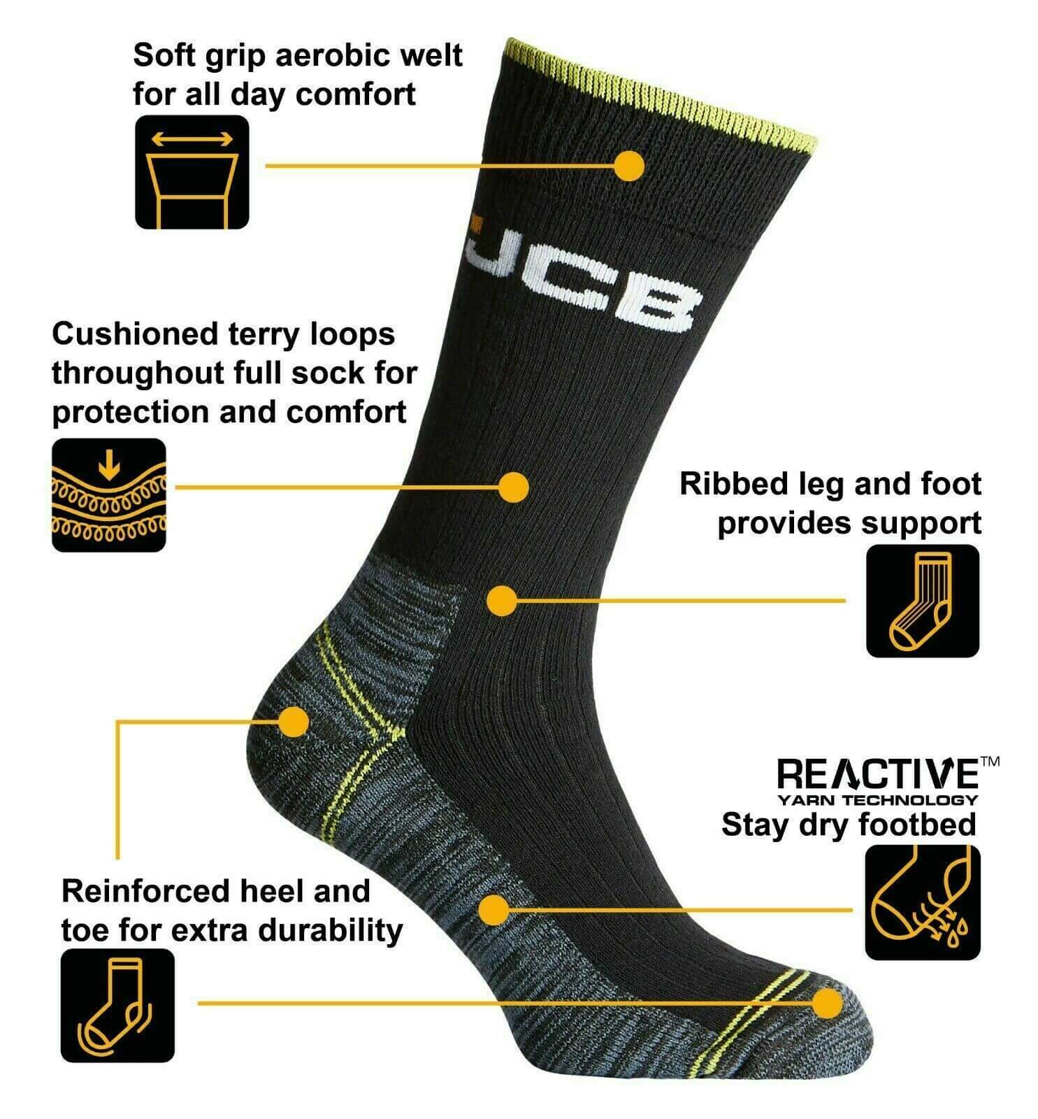 3 Pairs  Men's JCB Work Socks Black Thick High Vis Boot Socks Size 6-11 - Comfyfit ltd