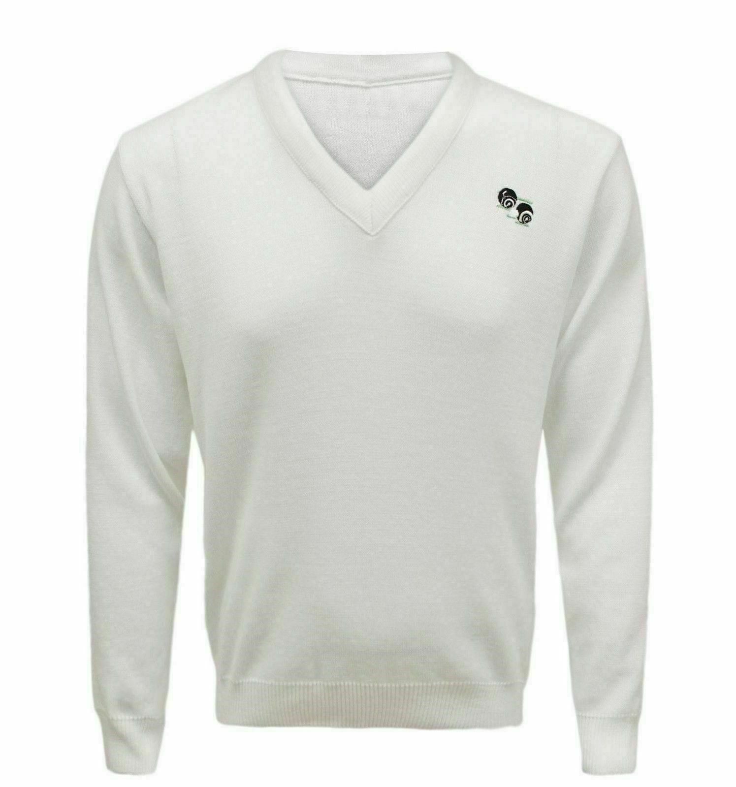 MEN'S WARM SWEATER TOPS JERSY BOWLING V-NECK KNITTED WHITE JUMPER WITH LOGO