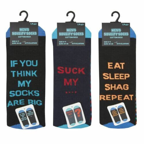 3 Pairs Men's Cotton Rich Rude & Funny Novelty Slogan Socks Size 6-11UDescription :
There are no chemicals in fibres
They are super soft and comfortable
They are anti-bacterial
They eliminate moisture and odour
They are temperature reg