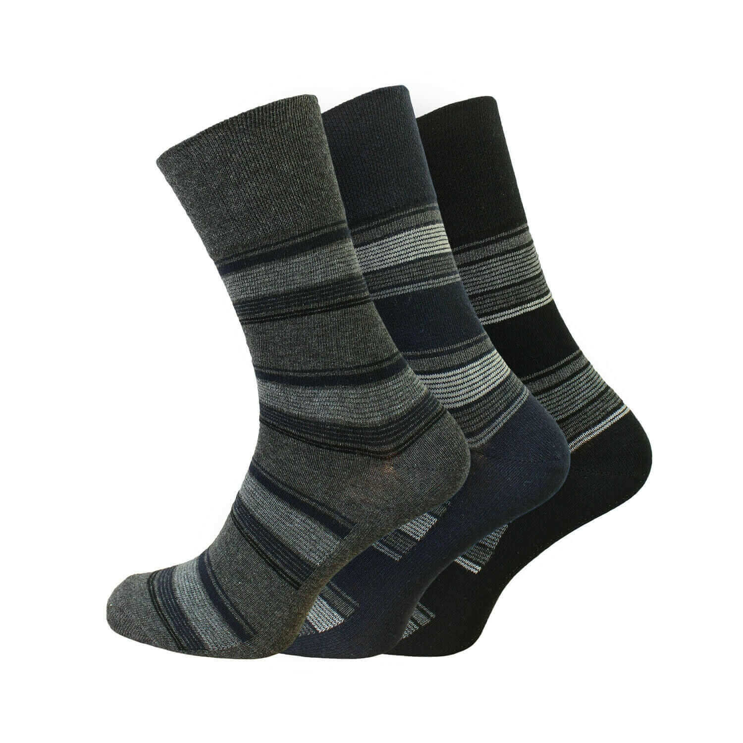 Men' Socks Gentle Grip UK 6-11 EU 39-45 Non Elastic Grey Blue Black Striped Pack