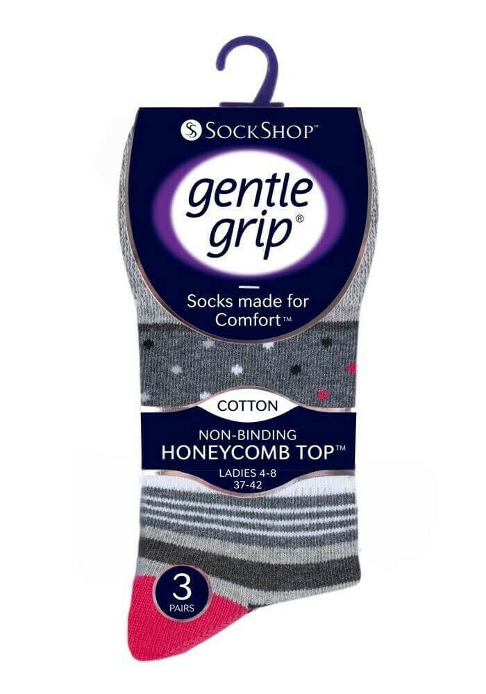 3 Pairs Ladies Gentle Grip® Cotton Non Elastic Honeycomb™ Top Socks Size UK 4-8