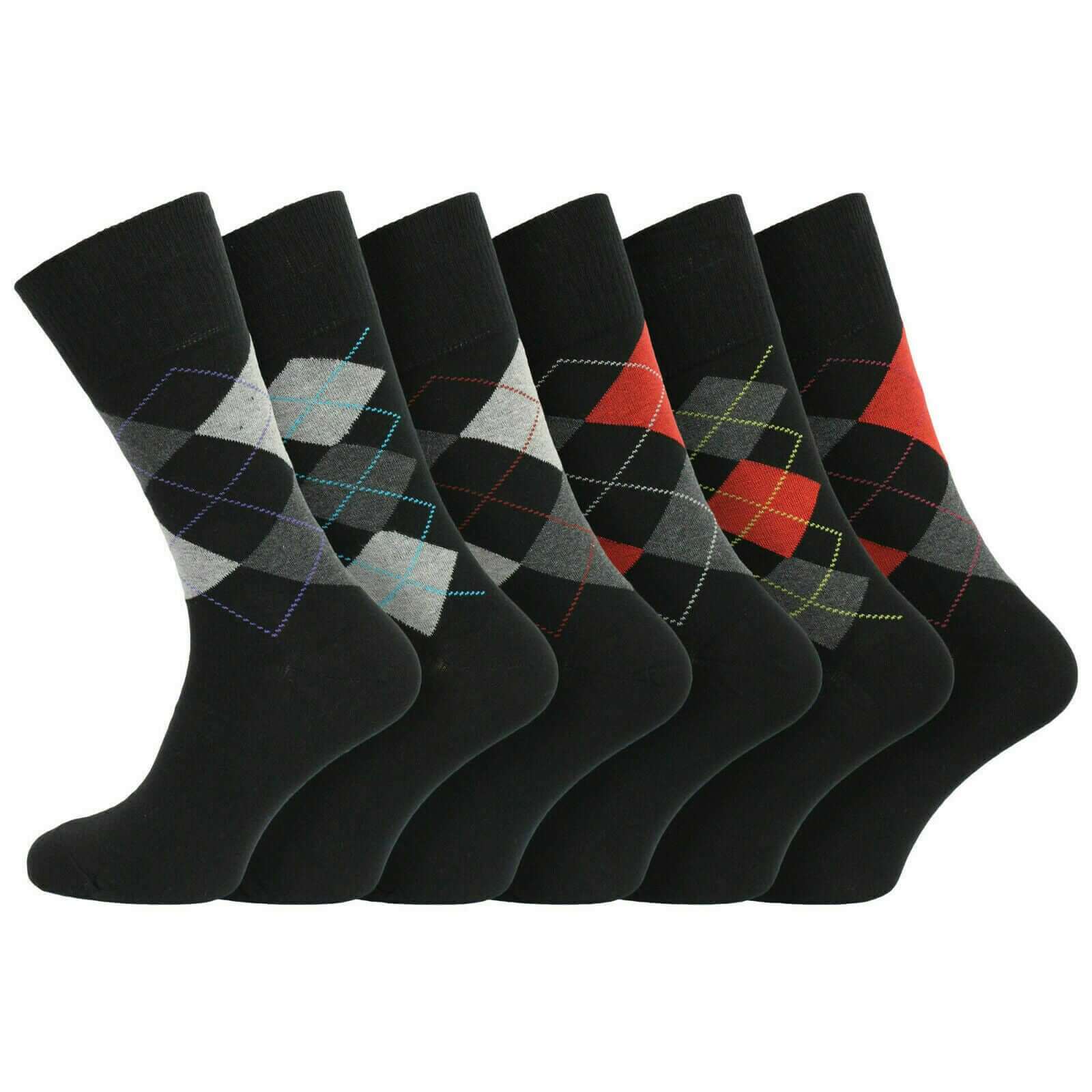 6 Pairs Men's Argyle diamond Socks Non Elastic 100% Cotton Size 6-11