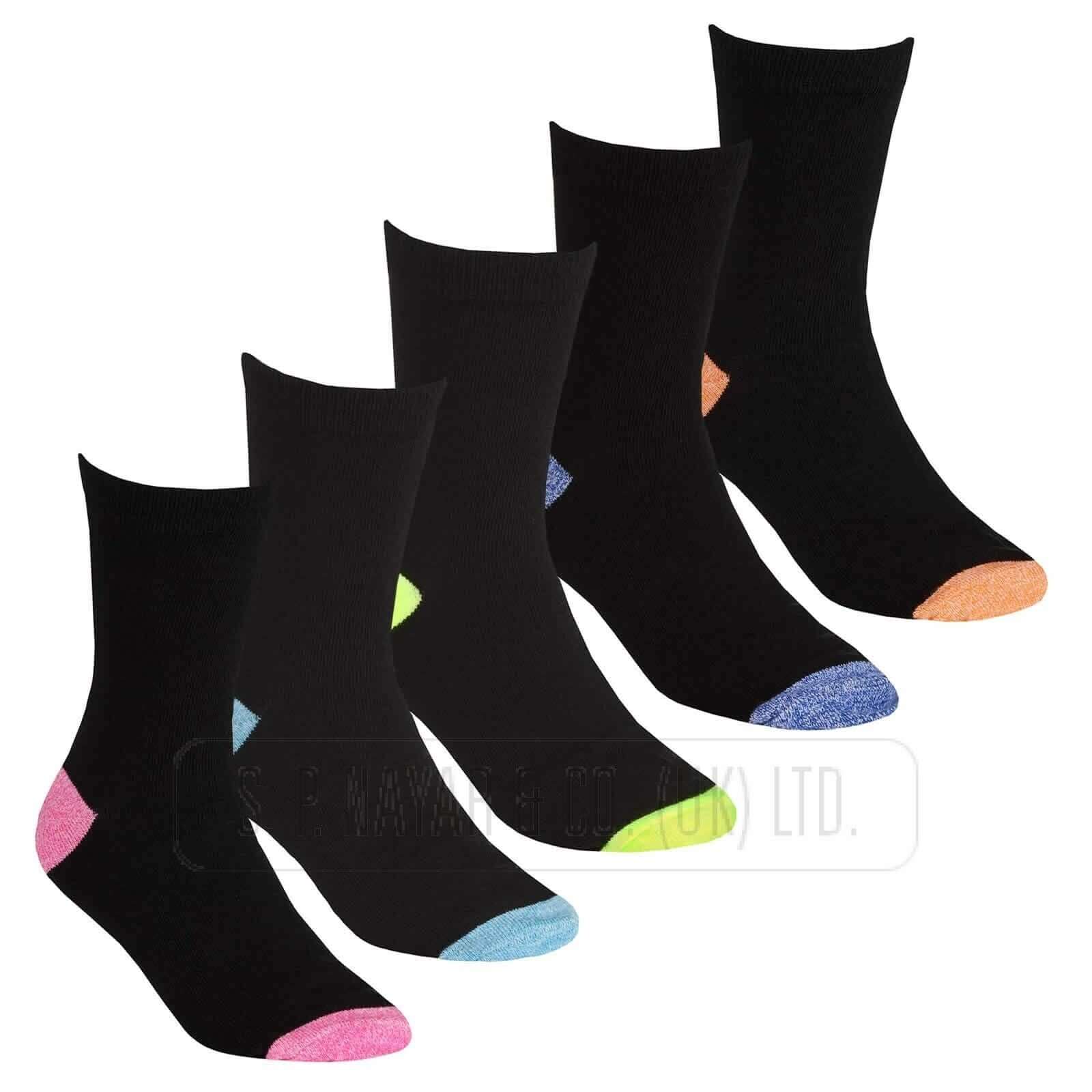 5 Pairs Girls  Black Cotton Ankle Socks Contrast Heel And Coloured Toe Socks