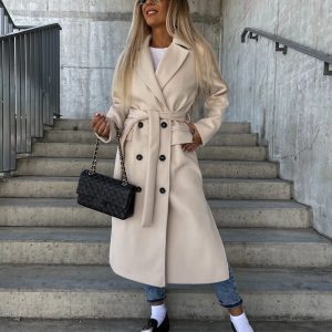 Double-breasted Lapel Split Jacket With Belt Winter Fashion Casual Long Sleeve Button Daily Coats For Women Clothing